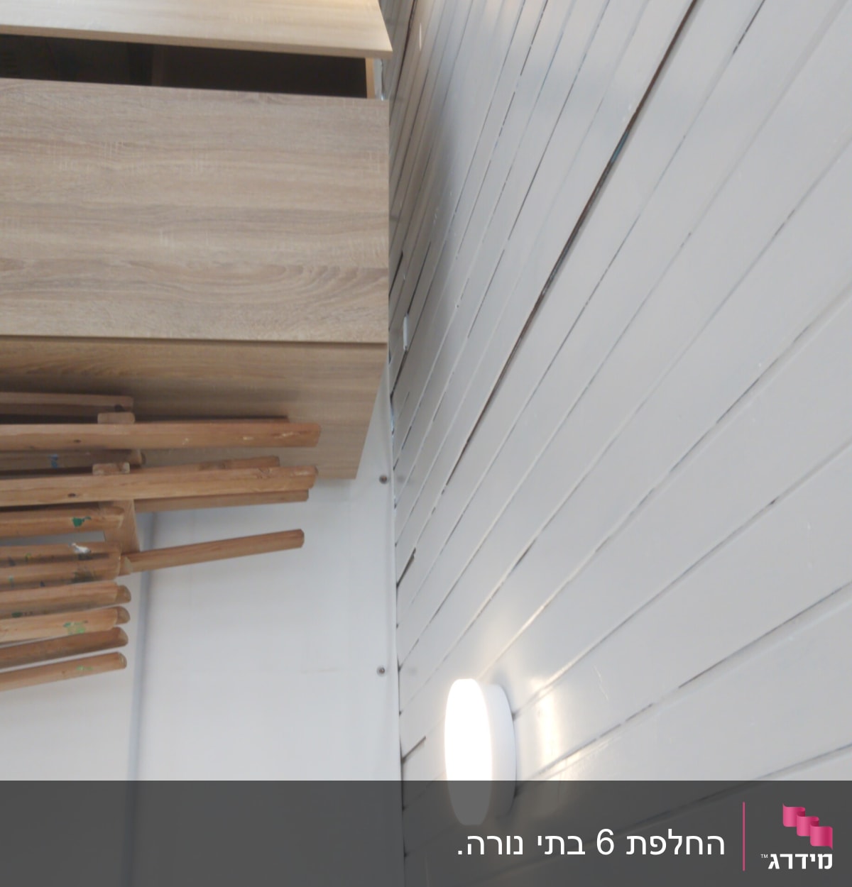 שני גופי תאורה עגולים מותקנים על קיר עץ לבן